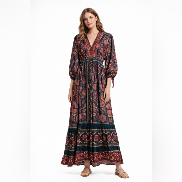 FARM Rio Dresses & Skirts - FARM Rio Forest Floral V-Neck Maxi Dress in Teal and Rust
